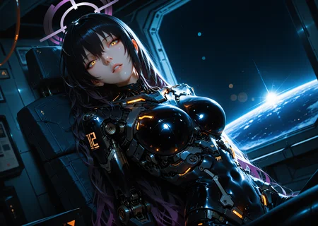 cyborg 1girl, angular, science fiction, futuristic, scenery, (karin \(blue archive\):1.0), sitting in space station, parted lips, mechanical torso, looking at viewer, black hair, yellow eyes, hair between eyes, dark skin, long hair, purple halo, creative angle, head tilt, (dutch angle, dynamic pose:0.9) BREAK masterpiece, best quality, absurdres, HDR, 8K, high contrast, film grain, cinematic lighting, realistic, depth of field, bokeh, neon trim, newest, aidmafluxpro1.1 <lora:- iLL - the_edgy_mech_V3.0:0.4> <lora:aidmaFLuxPro1.1-IL-v0.3:0.2> <lora:Hyper Helmets SDXL v1.0:0.5> <lora:CyborgMechExosuit_v1.5:0.7> <lora:ck-Sci-Fi-Concepts-IL-000015:0.15>âââ