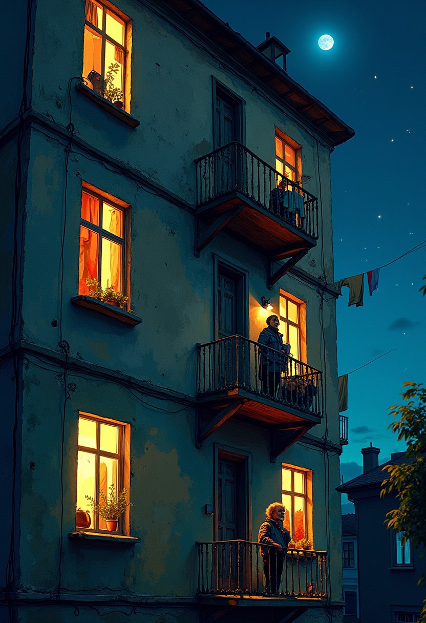 sketch, funny, humor, old apartment building at night, warm light in the windows, cozy colorful curtains, on the balcony old man smoking, hanging laundry, moon, drying underwear, stars, paint, entourage, drawing, intricate details, hyper-realistic, ultra-sharp, hyper-detailed, professional photoshoot, chiaroscuro lighting, full high scene view