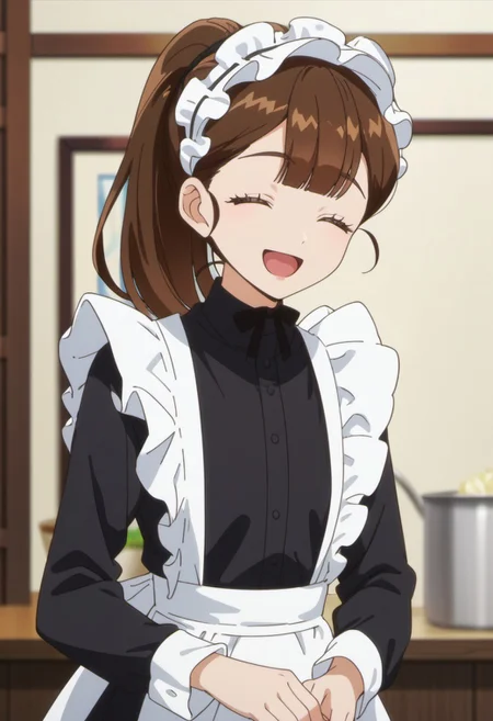 score_9, score_8_up, score_7_up, source_anime, sylvia, brown hair, ponytail, 1girl, closed eyes, solo, maid headdress, maid, smile, open mouth, ^ ^, long sleeves, :d, apron, anime coloring