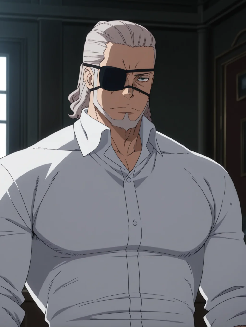 Leonard Burns, eyepatch, beard, shirt, facial hair masterpiece, best quality, amazing quality, 1 boy, solo, male focus