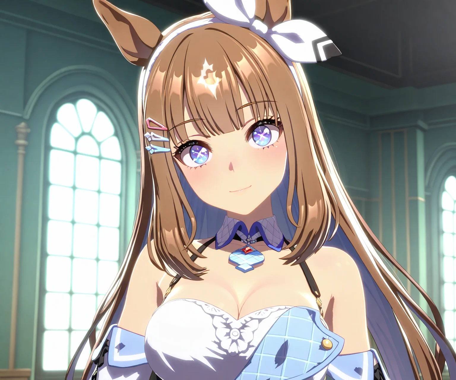 masterpiece, best quality, amazing quality, , 1girl, solo,  looking at viewer,  <lora:Almond eye in game style 3D ILL-v2:1> ummsmingame, 3d, almond eye \(umamusume\)