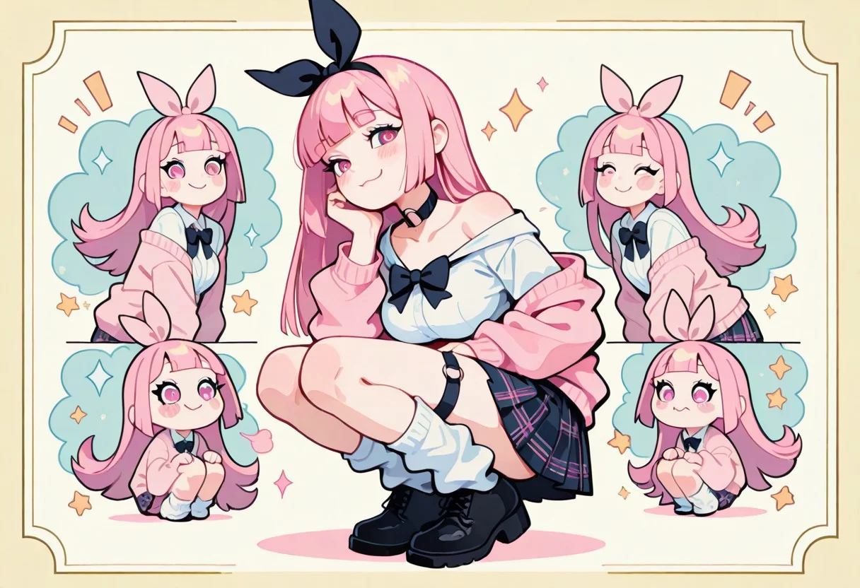 1 girl , solo , blushing , closed mouth , bratty smile , eyelashes , cute , long straight hair , blunt bangs , winking , star , ribbon , hair ribbon ,
large breasts, slim , slender , navel ,
thigh strap, choker, o-ring choker, pink cardigan, bowtie, white shirt, shirt open, tucked in, plaid skirt, pleated skirt, bare shoulder, white socks, loose socks, black footwear,
squatting,
masterpiece, best quality ,amazing quality ,S4bit4mago_illu , Protoneon ,s0wasow4rt_illu, t1m3r