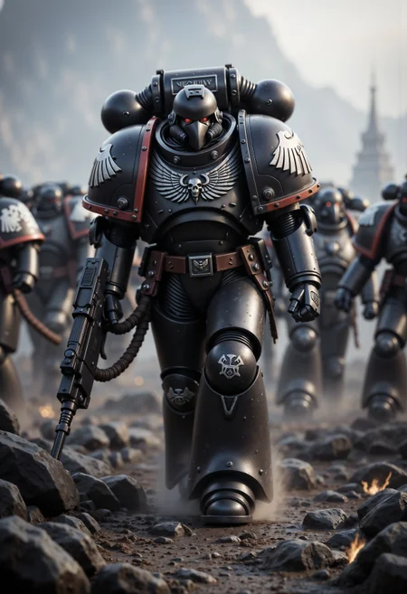 RavenG40k, large space marine walking in a battlefield with an army behind him, holding a machine gun, <lora:FluxRavenG40k:1>