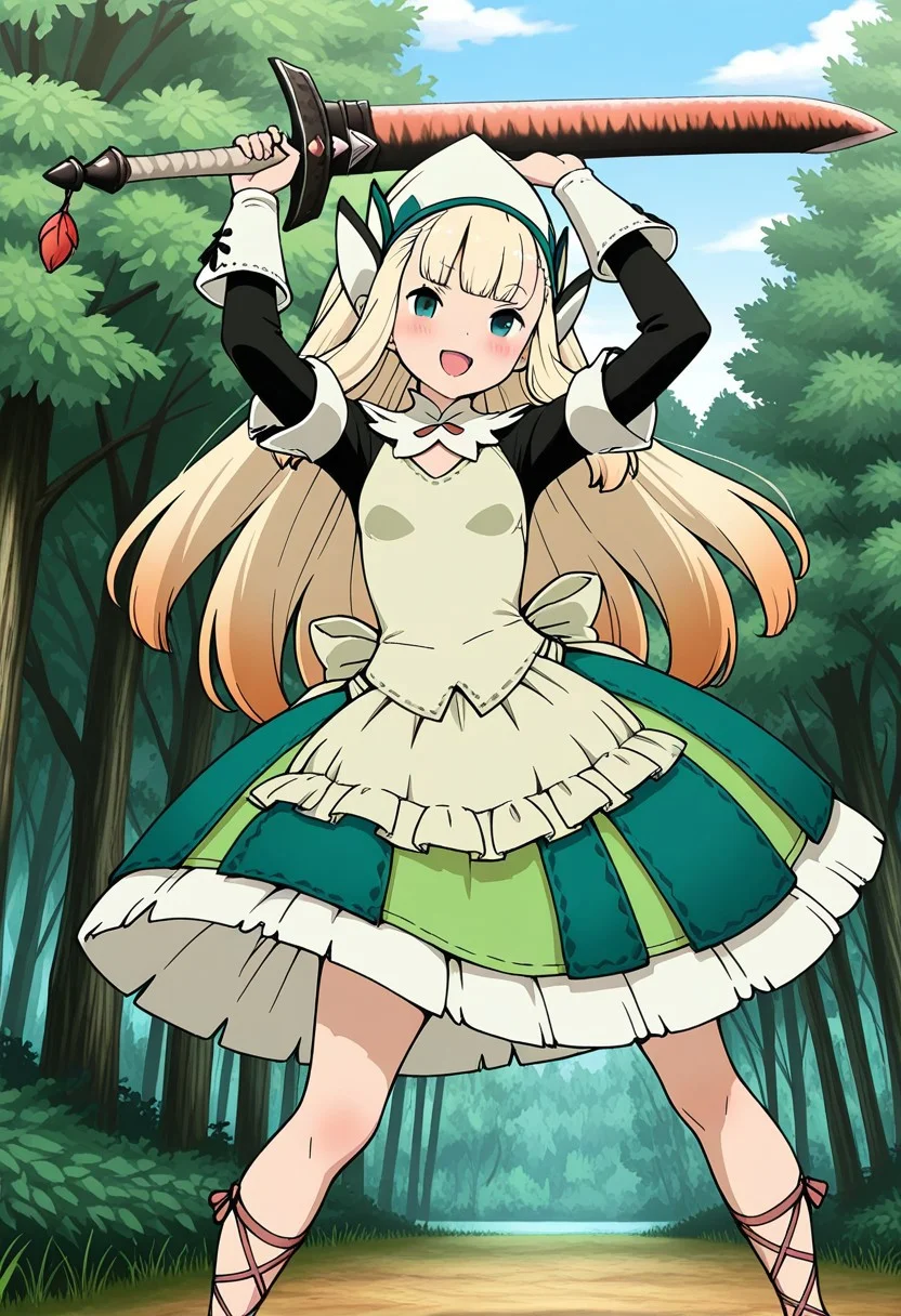 bravely_default_(series),monster_hunter_(series),masterpiece,anime_coloring,anime_clothing,amazing_quality,1girl,blonde_hair.long_hair,Helper_clothes, apron, green dress, long sleeves, dress, frilled apron, head scarf, waist apron, puffy sleeves, cross-laced footwear, brown footwear ,solo,blush cheek,smile,open mouth,close-up face,holding_huge_sword,great_sword,(dynamic_pose), forest,day sky,