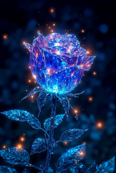 <lora:Vibrantly_sharp_style_v.2:0.9> Vibrantlysharp style.  A crystalline rose of frozen sapphire glass glows with an internal fire, its petals a fusion of translucent icy blue and deep crimson. Shards of refracted light scatter across its surface, with delicate frost-like etchings forming intricate patterns along the edges. Tiny embers dance upon the tips of the petals, igniting them with flickering orange and gold sparks. The surrounding darkness enhances the fiery contrast, while suspended particles of ice and flame appear to swirl in the air. This digital painting embraces high fantasy aesthetics with an infusion of cyberpunk luminescence and hyper-detailed realism.