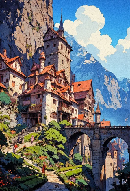 A breathtaking fantasy town built into the side of a towering mountain, with red-roofed houses cascading down the rocky cliffs. The town is inspired by European medieval architecture, featuring elegant arched bridges, stone stairways, and charming spired towers. The foreground showcases a beautifully landscaped garden with winding stone pathways, vibrant green hedges, and colorful flowers. A gardener in traditional attire trims the plants, while other townspeople walk along the pathways, engaged in daily life. The background reveals dramatic mountain peaks shrouded in mist, with bright blue skies and billowing white clouds adding a dreamy, ethereal atmosphere. The sunlight casts warm highlights on the buildings, enhancing the fairytale-like quality of the scene. The art style is semi-realistic with a painterly, anime-inspired aesthetic, rich in color, intricate details, and a harmonious composition that evokes a peaceful, idyllic fantasy world.
,  anime, cyberpunk