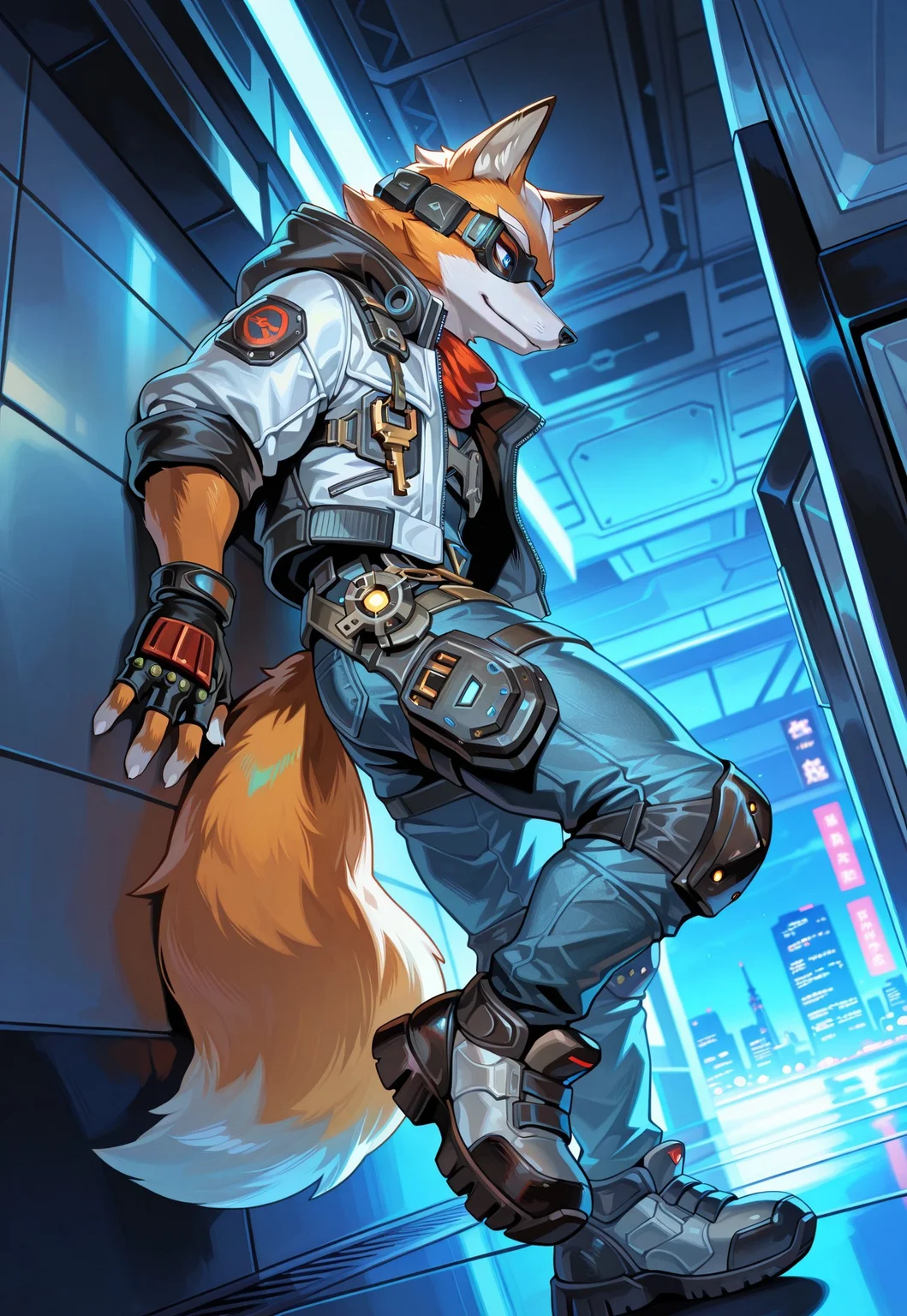 , safe_pos, best quality, amazing quality, very aesthetic, absurdres, newest, by mawfulme, BREAK
Furry fox, orange fox, male, fluffy tail, blue eyes,
black nose, pointed ears like a wolf's, dead space and vantage apex legends style clothes with hood, winter and black shades of the suit with white and blue elements, spaceship, solo, leaning against the wall, high quality eyes, high quality face, fox eyes (both eyes are visible, high eye quality) , night, (high quality, high resolution, masterpiece), solo, anime work smiling, man, slender body, key visual, bright, studio anime, triangular shaped ears like a wolf's, sneakers, jeans, hooded tactical jacket, fingerless gloves, knee pads and knee pads , high eye quality , fox fingers , 5 fingers, 2 eyes
