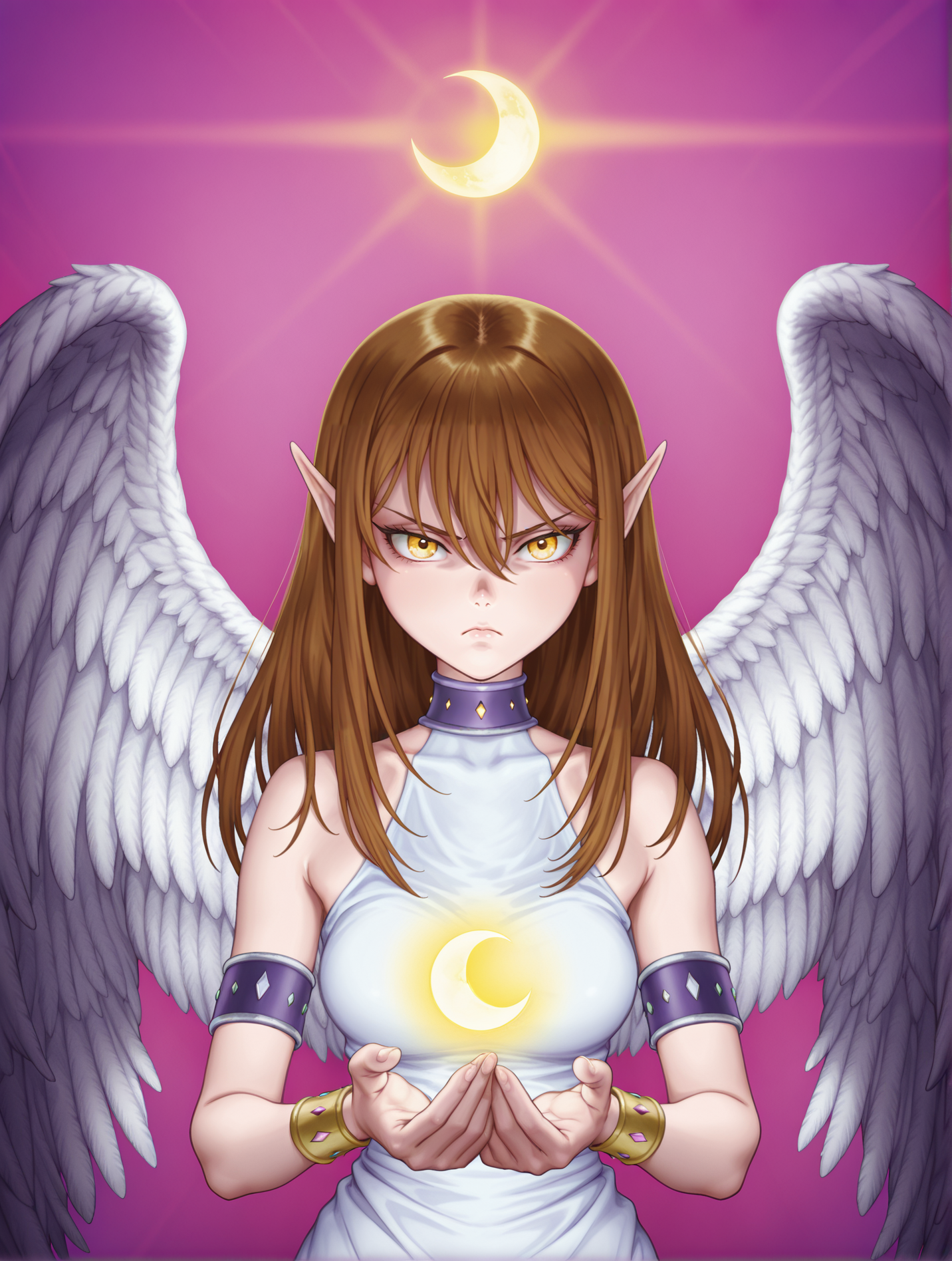 maiden of the moonlight, 1girl, solo, angel wings, frown, yellow eyes, pink background, siting, official art, crescent, looking at viewer, purple armband, gold bracelet, white sleeveless dress, purple choker, crescent on hands, glowing,
masterpiece,best quality,amazing quality,very aesthetic,absurdres,newest,<lora:Maiden of the Moonlight & Millennium Moon illusXL v1.1:0.74>,