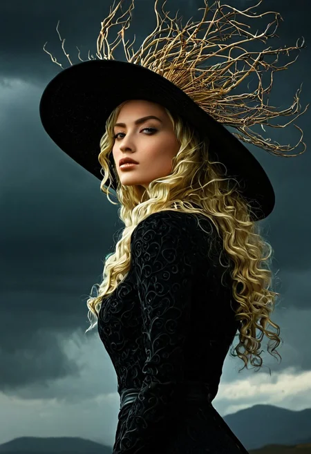 This is a highly detailed, photorealistic digital artwork featuring a striking, statuesque woman with an ethereal, almost mythical appearance. She stands against a dramatic, dark, cloudy sky, suggesting an ominous, almost stormy atmosphere. Her skin has a porcelain complexion and she has long, wavy, golden-blonde hair cascading down her back, styled in loose waves. She wears a large, black, wide-brimmed hat adorned with intricate, twisted, branch-like designs, adding to her otherworldly aura.