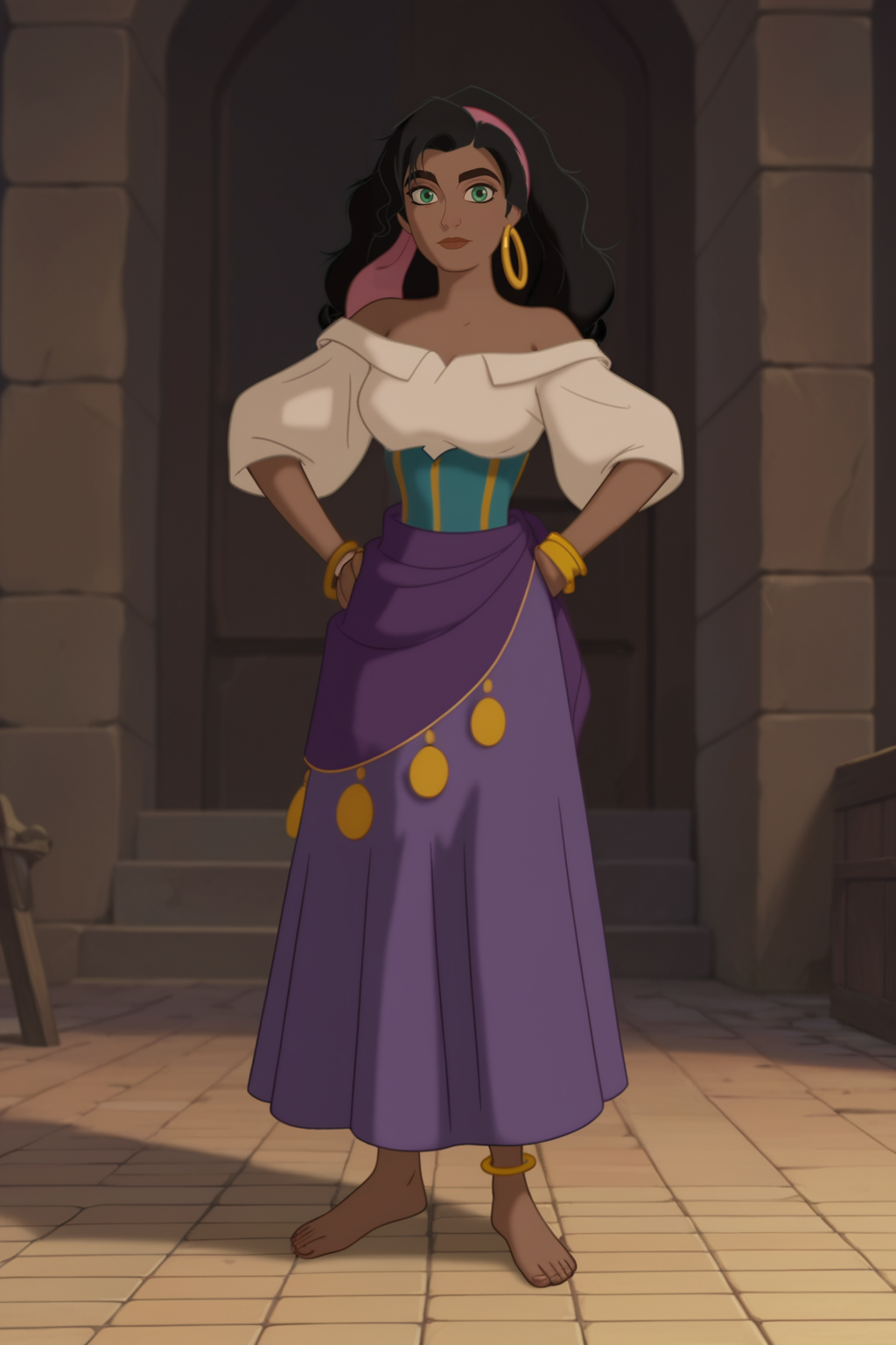 score_9, score_8_up, score_7_up, score_6_up, score_5_up, score_4_up, BREAK, <lora:Esmeralda:.8>, 1girl, Esmeralda, dark skin, green eyes, black hair, earring, white shirt, off-shoulder shirt, purple skirt, long skirt, bracelet, anklet, pink hairband, barefoot, hands on hips, standing, closed mouth, looking at viewer