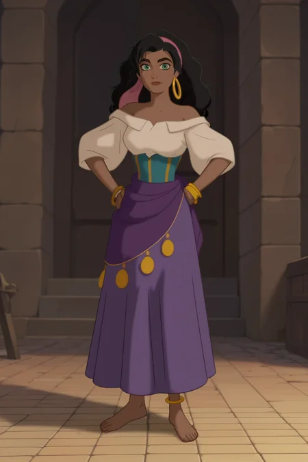 score_9, score_8_up, score_7_up, score_6_up, score_5_up, score_4_up, BREAK, <lora:Esmeralda:.8>, 1girl, Esmeralda, dark skin, green eyes, black hair, earring, white shirt, off-shoulder shirt, purple skirt, long skirt, bracelet, anklet, pink hairband, barefoot, hands on hips, standing, closed mouth, looking at viewer