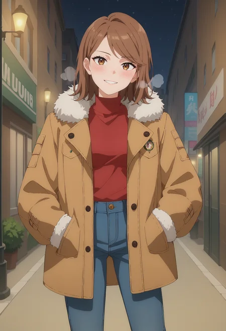 score_9, score_8_up, score_7_up, anime screencap, source_anime, 1girl, solo, 
<lora:Daia_Dress_up_Darling_V2:.85>, KJODaia, brown hair, light brown eyes, medium hair, swept bangs, 
Fur coat, heavy coat, jeans, fur boots,
standing, light smile, teeth, hands in pockets, head tilt, blush, heavy breathing,
Night, city, winter, snow,
(Beautiful, medium Breasts:1.2)
