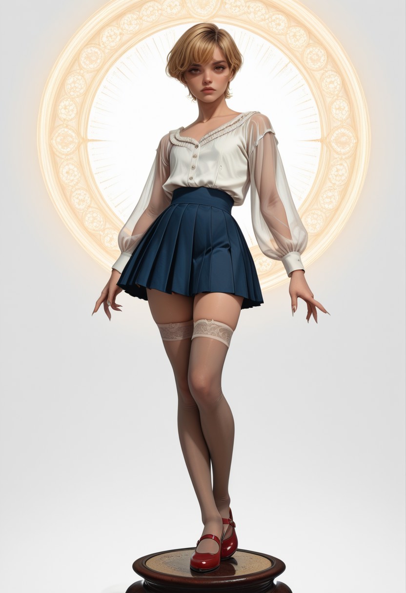 lazypos, femboy, adult, 
white blouse, blue pleated skirt, thighhighs, red mary janes, see-through clothes, flat chest, nail polish, long nails, 
simple background, bright background, illuminated background, 
dynamic pose, dynamic angle, looking at viewer, enbydreamsriver