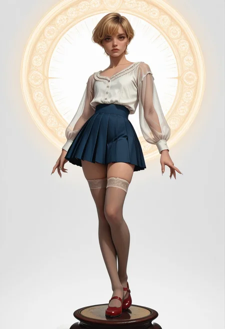 lazypos, femboy, adult,
white blouse, blue pleated skirt, thighhighs, red mary janes, see-through clothes, flat chest, nail polish, long nails,
simple background, bright background, illuminated background,
dynamic pose, dynamic angle, looking at viewer, enbydreamsriver