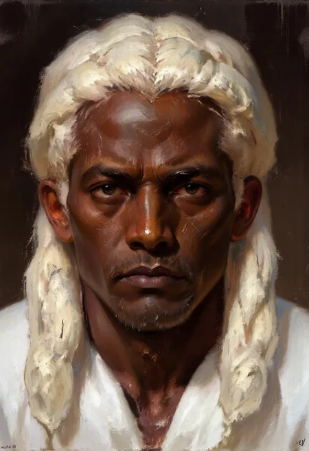 Dark-Fantasy-Cardd-V.2.0 style dark fantasy oil painting with detailed eyes that features a dark skinned, african man with white dreadlocks in dark fantasy setting, he is wearing a white robe and there is a river in the background