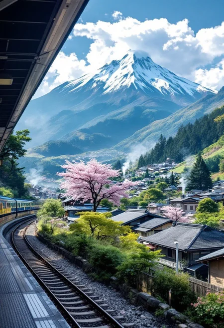A Japanese commuter train, adorned with cherry blossom-patterned advertisements, glides effortlessly alongside a tranquil train station. As the camera pans out, the breathtaking vista unfolds, showcasing a picturesque expanse of Japanese villages nestled between mountains, their peaks capped with glistening snow. Lush greenery blankets the rolling hills, punctuated by wispy smoke rising from rustic rooftops.
