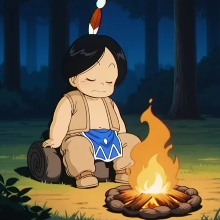 masterpiece, best quality, amazing quality, official artstyle, upa, male, human, young, solo, tan skin, black hair, long hair, braided ponytail, black beady eyes, slightly chubby, red and white feather, tan vest, blue waistcloth, tan pants, brown shoes, sitting down, in front of campfire, closed eyes, outdoor, night, forest