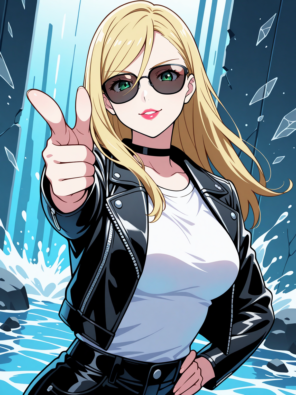 Masterpiece,best quality,vector art, edgOl1via, 1girl, solo, long hair, looking at viewer, smile, medium breasts, closed mouth, lips, nose, lipstick, puffy lips,finger gun, pointing at viewer,hand on hip,dutch angle, broken glass,water, water splash,smile,upper body,leaning backwards,parted lips,
blonde hair, sunglasses, black choker, green eyes,swept bangs, hair between eyes, leather jacket, white t shirt,<lora:edgOl1viaILS-forNadia:0.65>