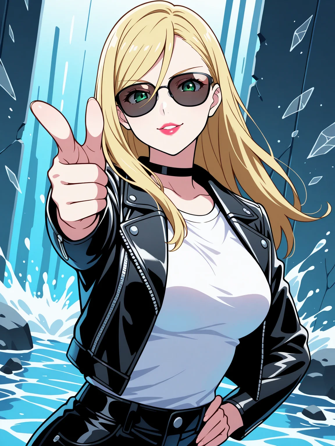 Masterpiece,best quality,vector art, edgOl1via, 1girl, solo, long hair, looking at viewer, smile, medium breasts, closed mouth, lips, nose, lipstick, puffy lips,finger gun, pointing at viewer,hand on hip,dutch angle, broken glass,water, water splash,smile,upper body,leaning backwards,parted lips,
blonde hair, sunglasses, black choker, green eyes,swept bangs, hair between eyes, leather jacket, white t shirt,<lora:edgOl1viaILS-forNadia:0.65>