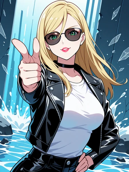 Masterpiece,best quality,vector art, edgOl1via, 1girl, solo, long hair, looking at viewer, smile, medium breasts, closed mouth, lips, nose, lipstick, puffy lips,finger gun, pointing at viewer,hand on hip,dutch angle, broken glass,water, water splash,smile,upper body,leaning backwards,parted lips,
blonde hair, sunglasses, black choker, green eyes,swept bangs, hair between eyes, leather jacket, white t shirt,<lora:edgOl1viaILS-forNadia:0.65>