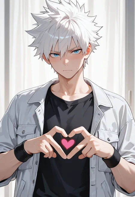 masterpiece,best quality,amazing quality, absurdres, 1boy, black shirt, blue eyes, heart, heart hands, jacket, male focus, open clothes, shirt, short hair, spiked hair, upper body, white hair, wristband