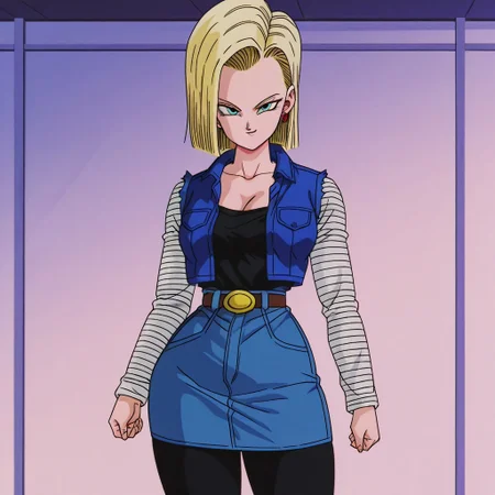 dbstyle, screencap, best quality, android_18, blonde hair, 1girl, solo, blue eyes, , blonde hair, shirt, blue eyes, belt, black leggings, cleavage, collarbone, denim, denim skirt, high-waist skirt, jewelry, long sleeves, pocket, shirt, shirt tucked in, skirt, striped, striped sleeves, blue denim waistcoat, thick thighs, wide hips,
standing, looking at viewer, dynamic pose, swiping hair behind ear, smirk,