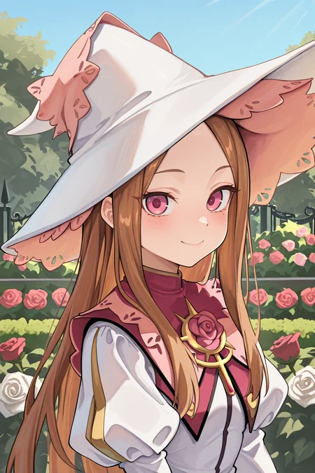 masterpiece, very aesthetic, absurdres, best quality, amazing quality, high resolution, <lora:illustrious_quality_modifiers_masterpieces_v1:0.8> , <lora:ChamIllustriousBackgroundEnhancer:0.5>, solo, <lora:RosaryIL:0.8> , RosaDef, brown hair, long hair, pink eyes, white witch hat, white dress, juliet sleeves, exterior, day, rose garden, white rose, (portrait), close-up, smile, looking at viewer,