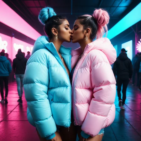 rave, (hands on throat), dark cinematic still with dark vibes , full body shot of ((kissing)) two indian professional women wearing an baby blue and baby pink extra_puffy_jacket, Top knot unique hair styles, looking at the camera, shallow depth of field, 8k uhd, dslr, soft lighting, high quality, photorealistic, realism, hyperrealism,
, rundown city scene
<lora:Puffer_Jacket_and_Down_Jacket_-_Extra_Puffy_Jackets:0.5>