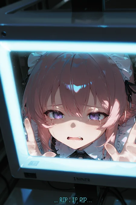 masterpiece, best quality ,very aesthetic, absurdres, <lora:CivChan:1>, scenery, sad, tear,despair, in monitor, (((english text, "RIP"))), (looking at viewer),against glass, open mouth, darkroom, only upper teeth, fang,