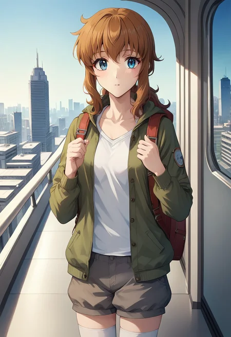 score_9, score_8_up, score_7_up, score_6_up, score_5_up, score_4_up, <lora:Urushihara Satoshi_XL_PONY_V2:0.9>, source_anime, highres, masterpiece, (anime, high resolution, sharp focus), 1girl, solo, christinasierra, brown hair, hair down, sidelocks, long hair, blue eyes, glancing at viewer, parted lips, small breasts, perfect hands, one hand holding blue smartphone, dark green jacket, hood, open jacket, white shirt, grey shorts, white thighhighs, backpack, collarbone, thighs, sunny, building, cityscape, skyscraper, city, depth of field, cinematic, outdoors, train subway, train, cinematic, far view, (fantasy-style), (shoujo-style), manhwa-artstyle