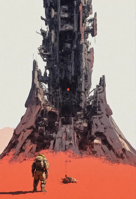 A colossal, futuristic megastructure looms in a desolate landscape, depicted in a high-contrast colorful anime aesthetic reminiscent of a hyper realistic illustration. The building features an intricate design with exposed mechanical elements, conveying advanced engineering and a sense of scale. Jagged geometric shapes jut out from the base and sides, juxtaposed against smooth organic surfaces, creating a striking visual tension. In the foreground, a small figure clad in a padded suit adds a human element to the vastness of the scene. The sky is a soft light gray, imparting an eerie, otherworldly atmosphere. Shadows dynamically play across the structure, enhancing its monumental presence. The overall composition balances complexity and minimalism, emphasizing isolation within a sci-fi setting. detailerlora