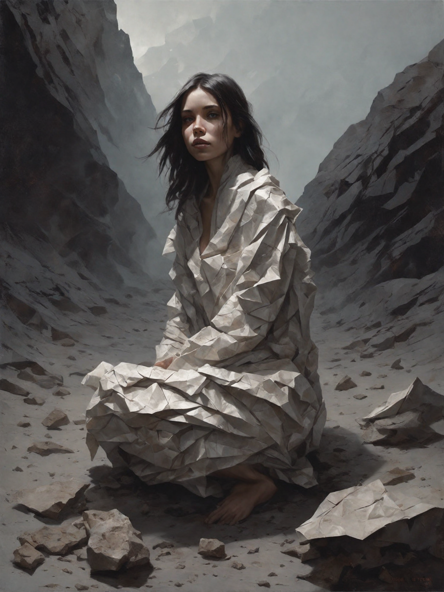 (artwork by greg rutkowski:1.2), a beautiful girl covered in crumpled paper, outer space, dry rocks environment. Dreamy dim daylight. Minimalism, emptiness, spaciousness. Faint accent lights, horror, misty and foggy atmosphere 