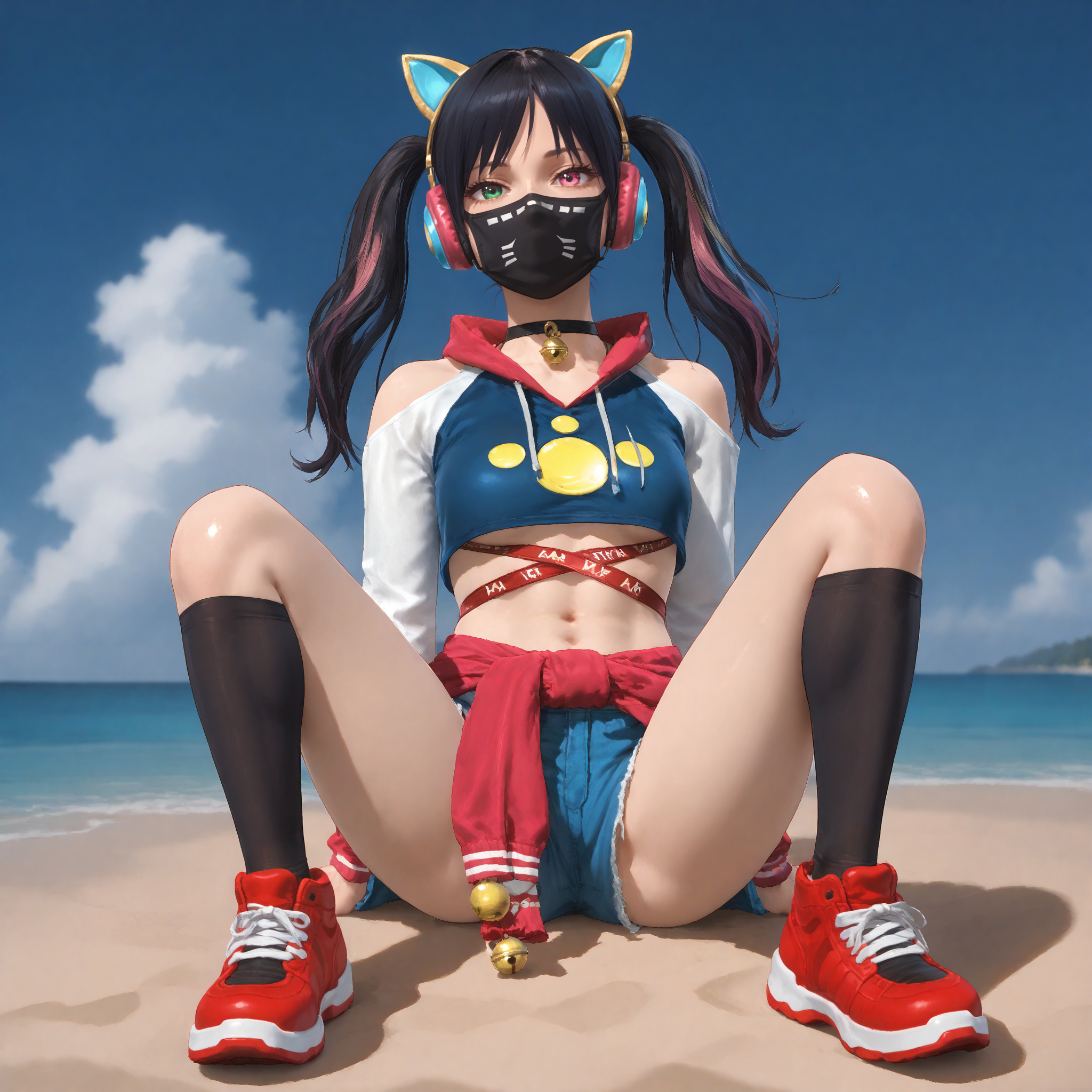  embedding:zPDXL3.safetensors ,  embedding:zPDXLxxx.pt , score_9, score_8, score_7_up, source_anime, anime screencap, beautiful, detailed, sharp lines, best quality, 8k resolution, textured skin, ultra detailed, clear face, high contrast, detailed face, masterpiece, top quality, super detailed, sharp focus, highly detailed, absurdres, accurate, perfect face, award winning, rating_explicit,, Expressiveh, handfixer,
 PackageCatitude, 1girl, twintails, multicolored hair, streaked hair, blue hair, long hair, black hair, pink hair, heterochromia, green eyes, pink eyes, tail, cat tail, bow, tail ornament, tail bow, thighhighs, black thighhighs, fake animal ears, cat ear headphones, animal ear headphones, animal ears, mask, choker, animal ear legwear, headphones, (mouth mask:1.2), cat ears, neck bell, over-kneehighs, long sleeves, navel, shorts, clothes around waist, jacket, shoes, midriff, crop top, sneakers, red footwear, jacket around waist, letterman jacket, clothes writing,,
 gaming arcade,,
 outdoors, sun, beach, solo, solo focus, bikini, sitting, legs apart, sand, looking at viewer, leaning back,,
 mouth mask, shiny eyes,,
<segment:girl's face,0.55,0.2//cid=11> score_9, score_8, score_7_up, absurdres, masterpiece, detailed face, perfect face, correct face, perfect anatomy, accurate, award winning, sharp lines, beautiful, extremely detailed, source_anime, anime screencap,, (mouth mask:1.3),  mouth mask, shiny eyes,,  PackageCatitude, 1girl, twintails, multicolored hair, streaked hair, blue hair, long hair, black hair, pink hair, heterochromia, green eyes, pink eyes, tail, cat tail, bow, tail ornament, tail bow, thighhighs, black thighhighs, fake animal ears, cat ear headphones, animal ear headphones, animal ears, mask, choker, animal ear legwear, headphones, (mouth mask:1.2), cat ears, neck bell, over-kneehighs, long sleeves, navel, shorts, clothes around waist, jacket, shoes, midriff, crop top, sneakers, red footwear, jacket around waist, letterman jacket, clothes writing,,
<segment:girl's feet,0.4,0.45//cid=12> score_9, score_8, score_7_up, (perfect feet:1.1), correct feet, detailed feet, (5 toes), perfect toes, correct toes, detailed toes, perfect soles, correct soles, detailed soles, perfect anatomy, perfect toenails, feet,,