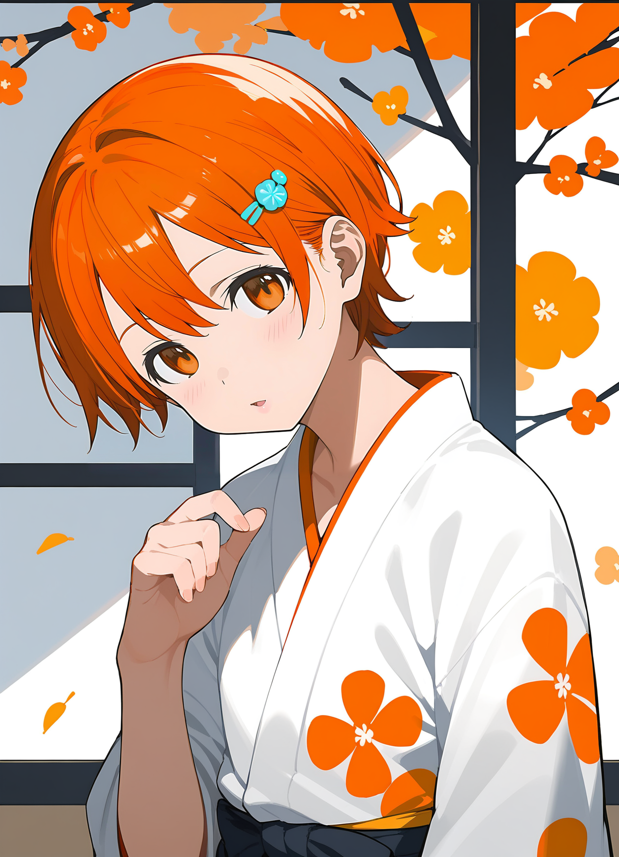 score_9,score_8_up,score_7_up,rating_explicit,
1girl,solo,orange eyes,<lora:pony_xl_inami:1>,inami,hairclip,bow,orange hair,short hair,(print_kimono:1.3),