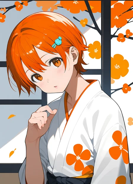 score_9,score_8_up,score_7_up,rating_explicit,
1girl,solo,orange eyes,<lora:pony_xl_inami:1>,inami,hairclip,bow,orange hair,short hair,(print_kimono:1.3),