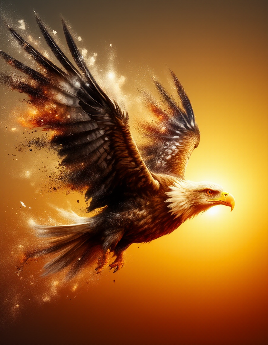 A soaring eagle, captured mid-flight against the backdrop of a vibrant sunrise, dissolves in a ral-dissolve style as its feathers break apart into streaks of glowing orange and golden light. The trailing particles blend into the morning sky like rays of sunlight, leaving an ethereal path of dissolution in the eagleâs wake. The intense focus in its eyes remains vivid, a testament to its majesty even as its form scatters into the wind.
 <lora:ral-dissolve-flux_000005000:1>