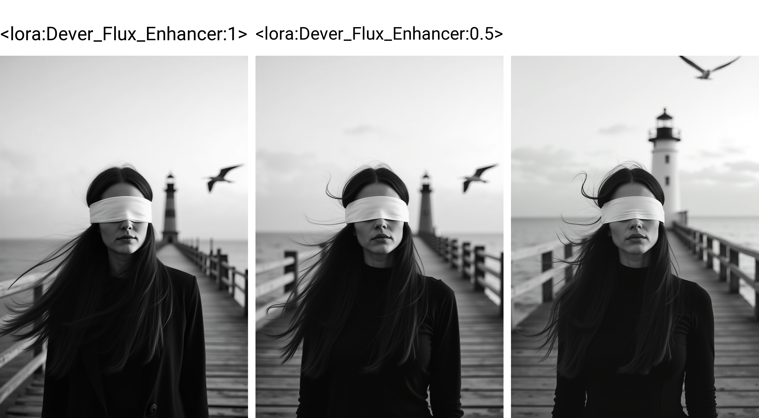 The photograph has been captured with a Leica m10 camera. A somber and contemplative black and white photograph captures the woman's face, with a white blindfold covering her eyes. She stands on a wooden pier that extends into the ocean, with long, flowing hair blowing in the wind. The lighthouse and a bird flying in the sky add to the serene atmosphere of the scene. The photograph was taken using a Leica m camera, emphasizing the artistic nature of the image. The mood is somber, evoking thoughts of introspection and reflection.
 <lora:Dever_Flux_Enhancer:1>
