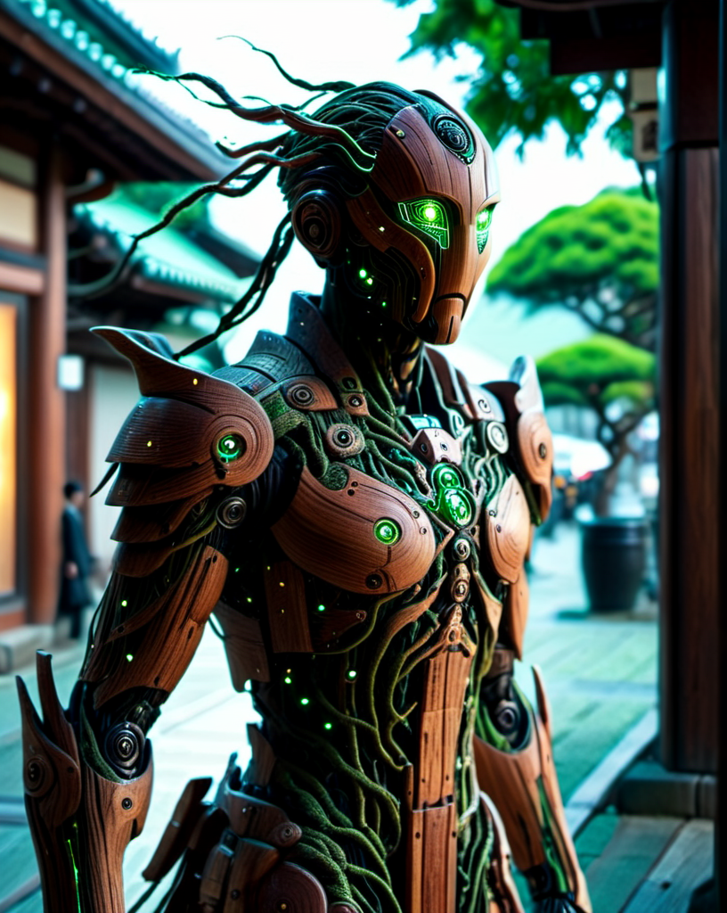 Hyperrealistic art cinematic film still photography in the style of detailed hyperrealism photoshoot, a wandering wooden android warrior that is a combination of wood and micro electronics, walking through the street of an ancient traditional Japanese town, glowing green eyes, (his wooden body plates has electronic green glowing veins:1.3), covered in glowing roots and wires and vines, small green gems, he holds an ancient scimitar at the ready, bold lines, hyper detailed, shallow depth of field, vignette, highly detailed, high budget, bokeh, cinemascope, moody, epic, gorgeous, film grain, grainy, extremely high-resolution details, photographic, realism pushed to extreme, fine texture, incredibly lifelike,<lora:sd_xl_dpo_lora_v1:1.0>,  <lora:NaturePunk_SDXL:1.0>, Naturepunk,   <lora:Bio-Luminescence:1> bioluminescent, glowing