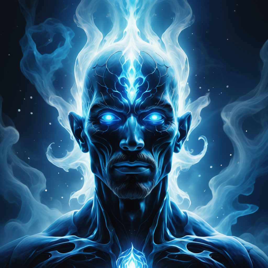 hyper detailed masterpiece, dynamic, awesome quality,male  wisp, elemental mysterious enchanting floating transluscent face made of sphereshaped foggy diffuse spirit light, small, flickering ethereal appearance, blue, natural