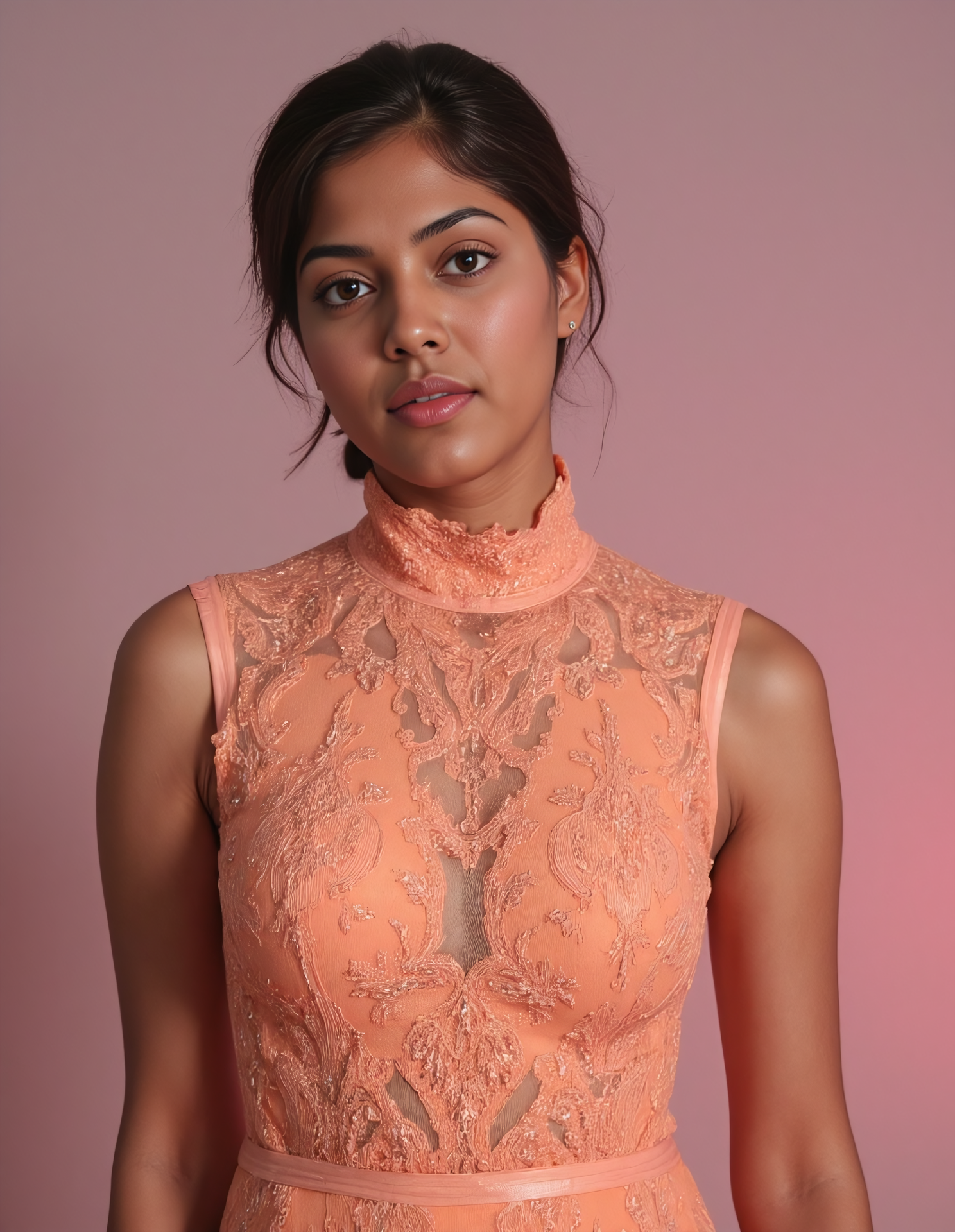 full body photo of a stunning looking woman with a d351 m3d1um skintone, hyper realistic photo that is safe for work, serious, studio quality image with natural colors, well dressed wearing intricate sleeveless Apricot high necked evening gown, hair styled as  curls,muted pastel shaded multicolored background that contrasts with the person, cinematic lighting,âââââ <lora:d351_m3d1um_Desi_Mocha_Flux_Kohya_V3:0.8>âââ