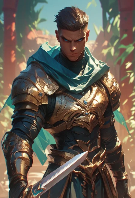 score_9, score_8_up, score_7_up, score_6_up, hkwarrior, inkBlast, A man wearing plate armor and holding a sword, gold red blue, Brown hair, blue eyes