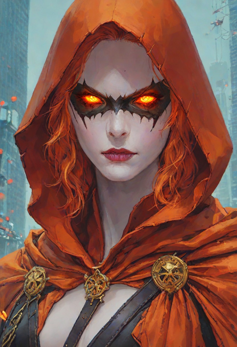 score_9, score_8_up, Hallows Eve, glowing eyes, hood, yellow eyes, parted lips, hood up, white skin, orange eyes, mask, looking at viewer, (seductive smirk), new york city scene background, 1girl, maximum details, intricate
