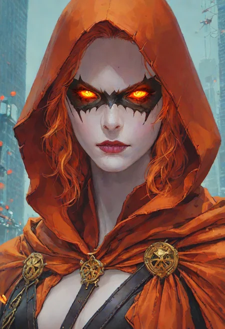 score_9, score_8_up, Hallows Eve, glowing eyes, hood, yellow eyes, parted lips, hood up, white skin, orange eyes, mask, looking at viewer, (seductive smirk), new york city scene background, 1girl, maximum details, intricate