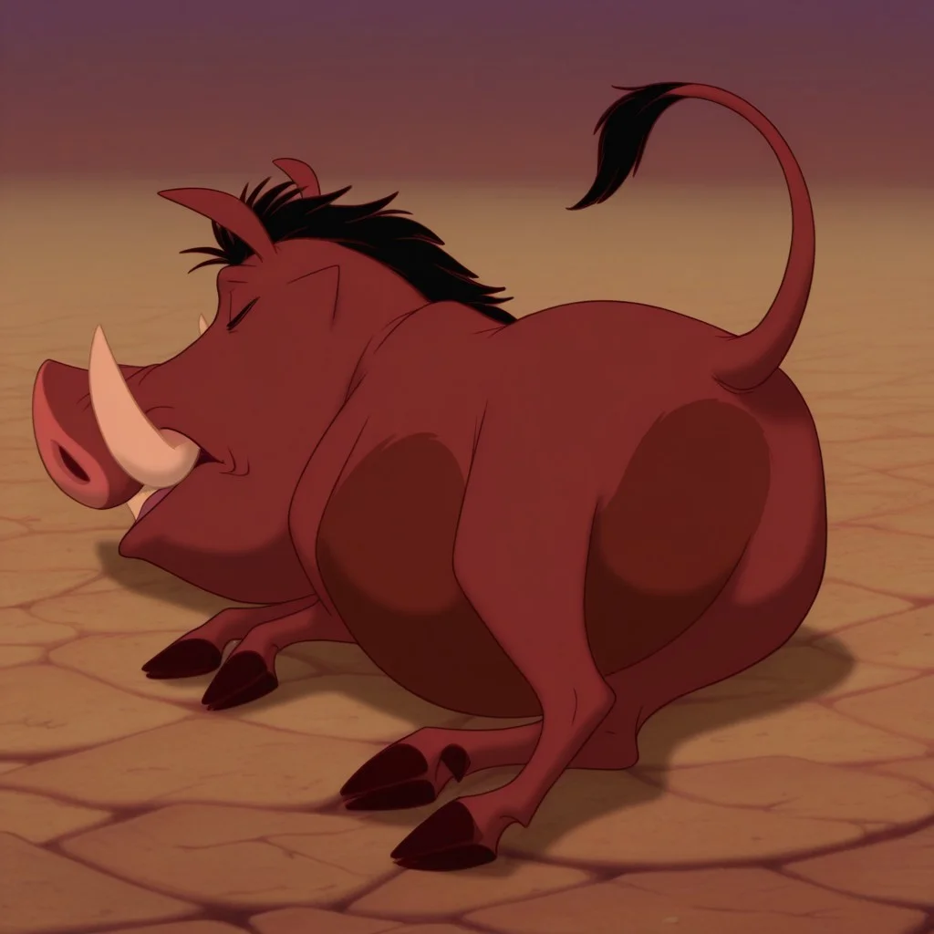 masterpiece, best quality, amazing quality, Pumbaalkil, feral, male, warthog, brownish-red fur, tusks, closed eyes, lying, alseep, black hair, black tail tuft, hooves,