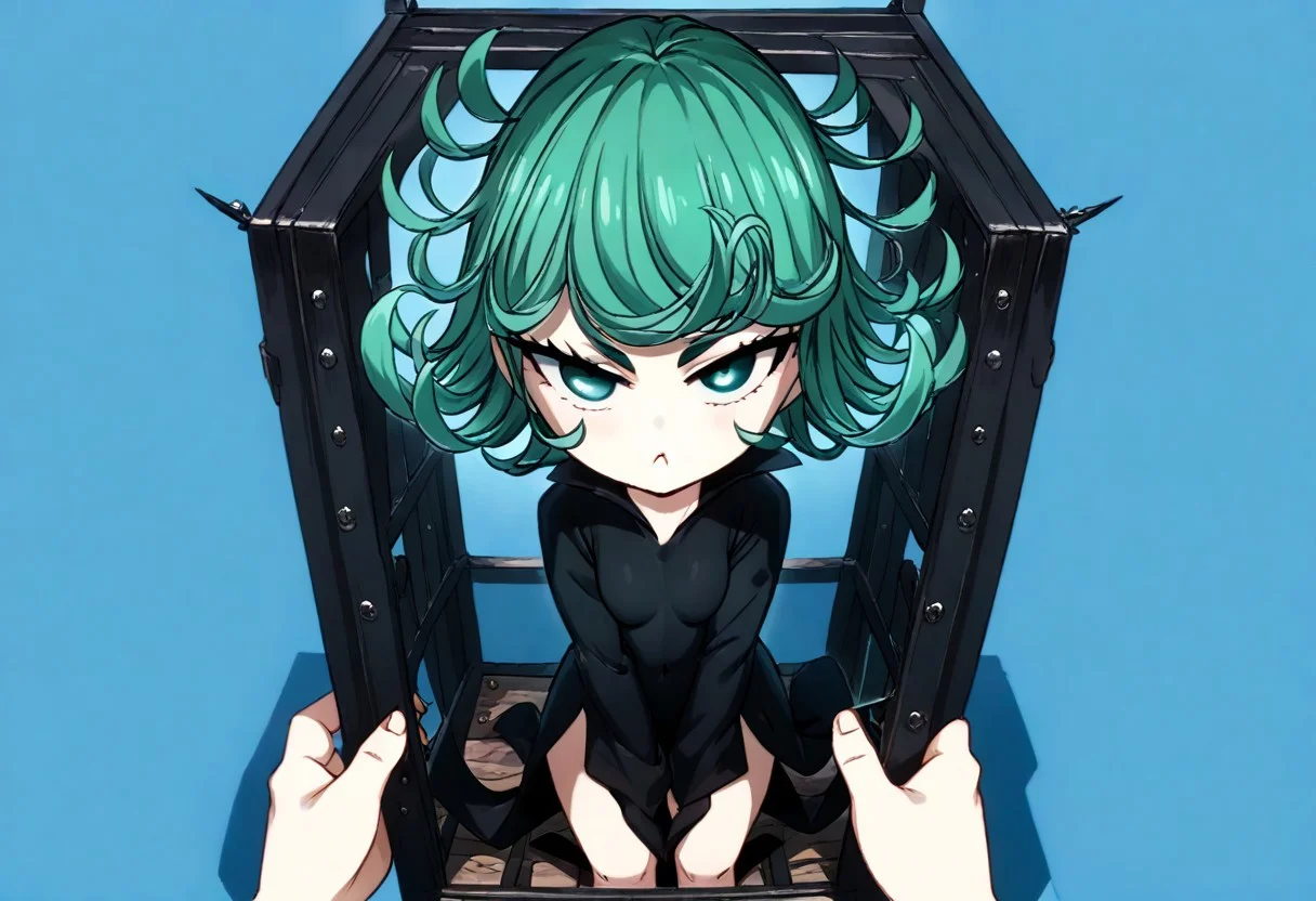 score_9, score_8_up, score_7_up, 1girl, TATSUMAKI (ONE PUNCH MAN), (((she is inside a bird cage))), holding bars, mad, Chibi art style, swollen cheeks, imprissioned, Chibi, Insede Cage, Giant Cage