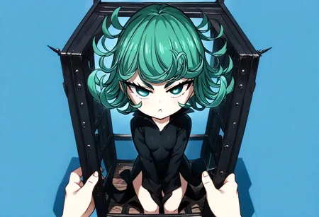 score_9, score_8_up, score_7_up, 1girl, TATSUMAKI (ONE PUNCH MAN), (((she is inside a bird cage))), holding bars, mad, Chibi art style, swollen cheeks, imprissioned, Chibi, Insede Cage, Giant Cage