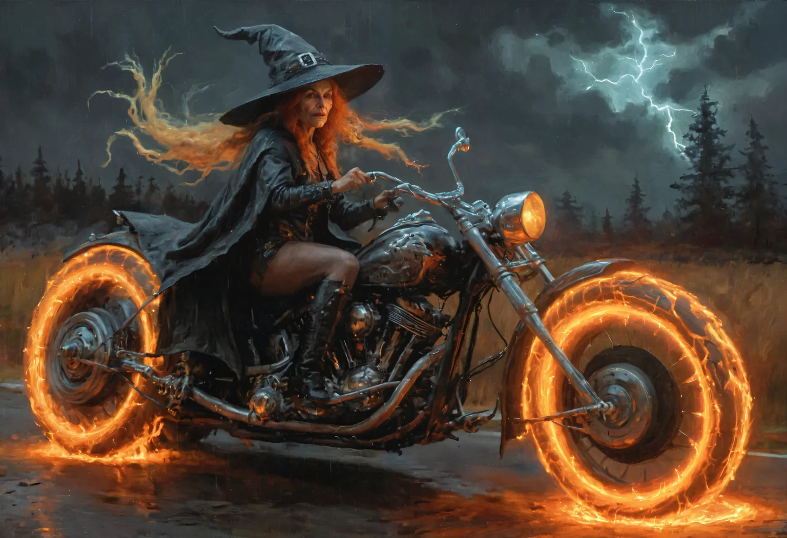 high quality, beautiful,  highly detailed, 8k, fantasy, perfect face,side view of a halloween witch with an old devilish face, wearing a pointed witch hat, racing through a thunderstorm on a fast monster motorcycle with (glowing tires:1.2), looks direct at the artist, Beautiful painting of a witch with long flowing hair,stormy, violent flash, illuminates the eerily beautiful forest und halloween pumpkin moon in the backgroundhalloween witch, pointy witch hat, fast monster motorcycle, thunderstorm with violent lightning bolt, (glowing tires:1.3), stormy ,  .  (in the style of Andreas Vesalius),