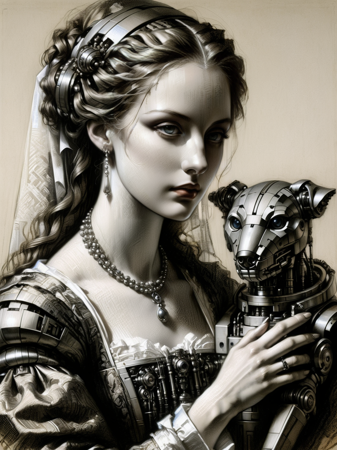 A portrait of a noblewoman in classic attire, her gaze piercing, yet her hand rests on a futuristic robotic pet that sits loyally by her side <lora:Renaissance_style:1>,<lora:EnvyBetterHiresFixXL01:0:hr=1>