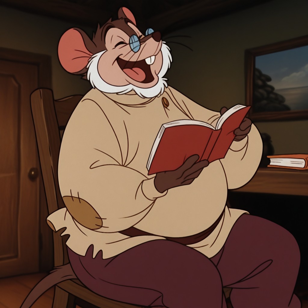 masterpiece, best quality, amazing quality, papam0us3, male, furry male, anthro, solo, mouse, brown fur, white beard, black eyes, brown nose, whiskers, buck teeth, tail, chubby, glasses, tan shirt, button, patch, brown belt, brown pants, sitting on chair, reading book, smile, closed eyes, open mouth, indoors, living room