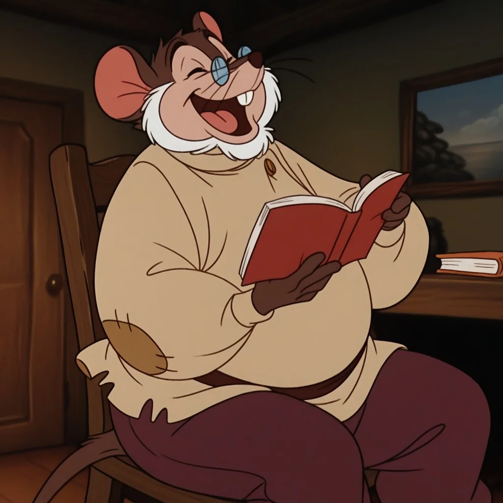 masterpiece, best quality, amazing quality, papam0us3, male, furry male, anthro, solo, mouse, brown fur, white beard, black eyes, brown nose, whiskers, buck teeth, tail, chubby, glasses, tan shirt, button, patch, brown belt, brown pants, sitting on chair, reading book, smile, closed eyes, open mouth, indoors, living room
